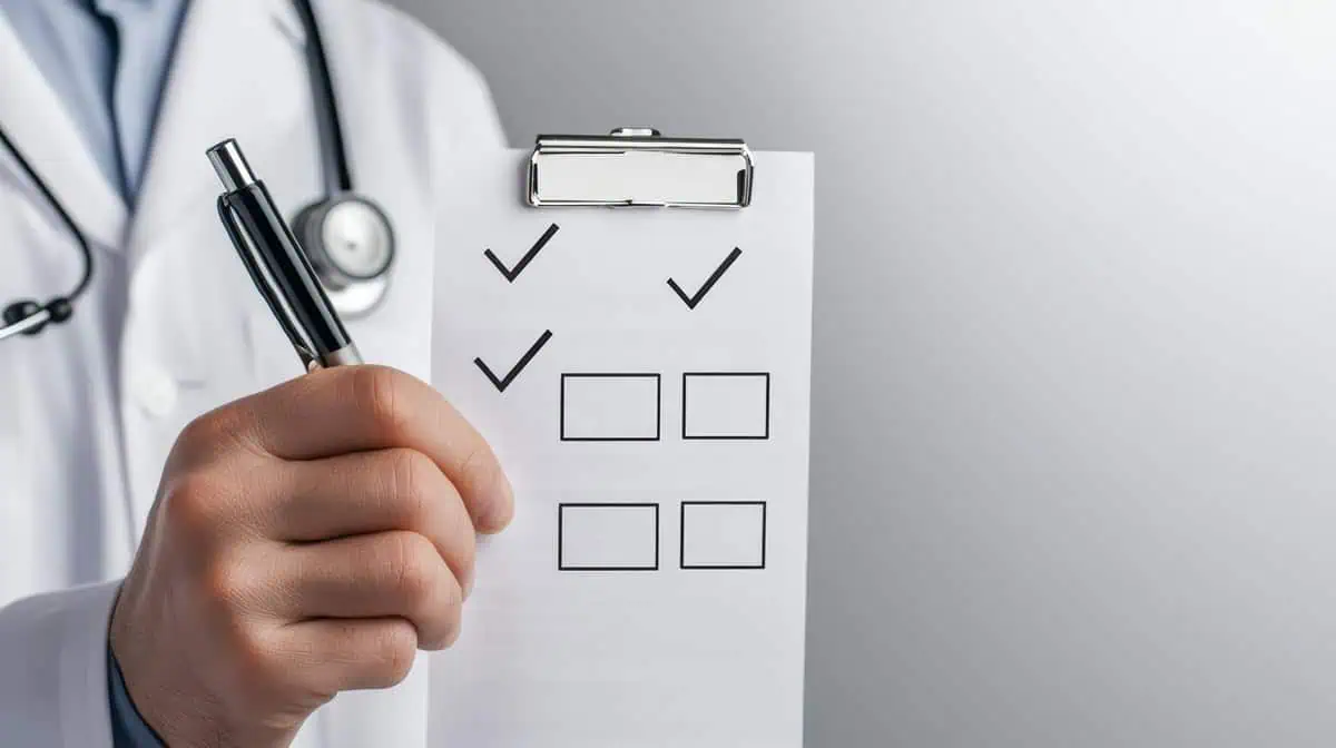 A doctor holds a clipboard with a checklist and a pen