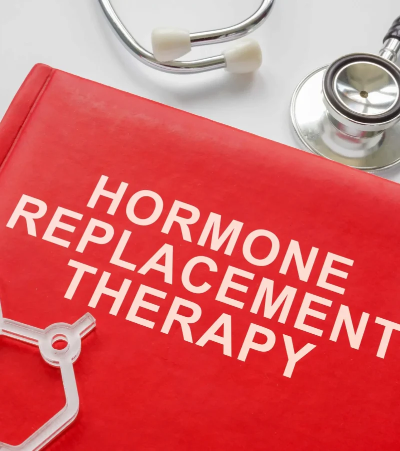 Patient consultation image for hormone therapy with chart and healthcare icon.