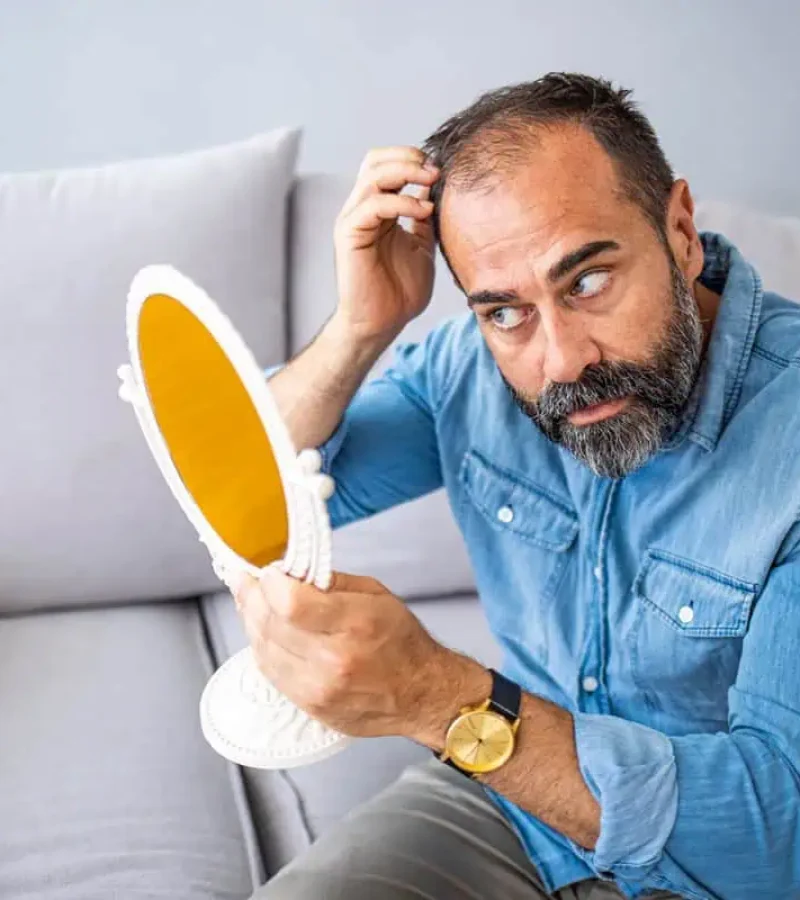 Man checking facial appearance in mirror after aesthetic treatment at Gemini Glow Medspa in Taylorsville, UT